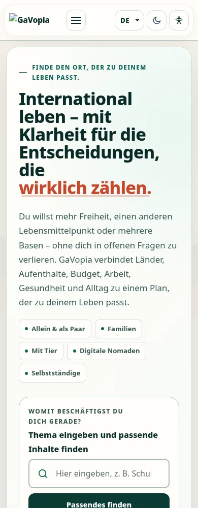 Mobile Ansicht der GaVopia Website